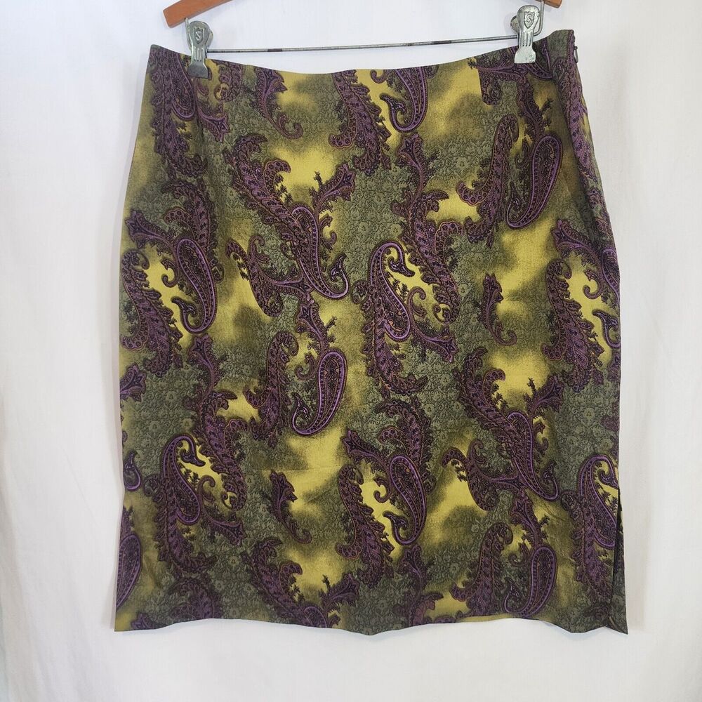 ANDRE OLIVER Green Purple Knee Length Pencil Skirt Lined Size 14